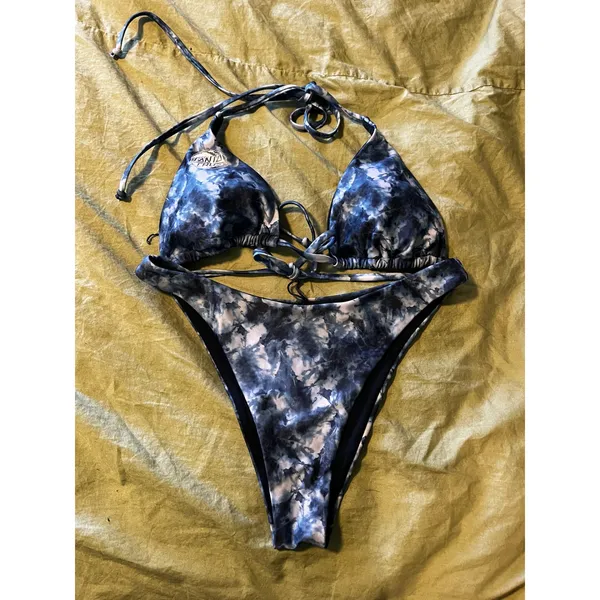 Santa Cruz Wave Dot Blue Tie Dye High Leg Triangle Halter Two Piece Bikini Sz SM - Image 2