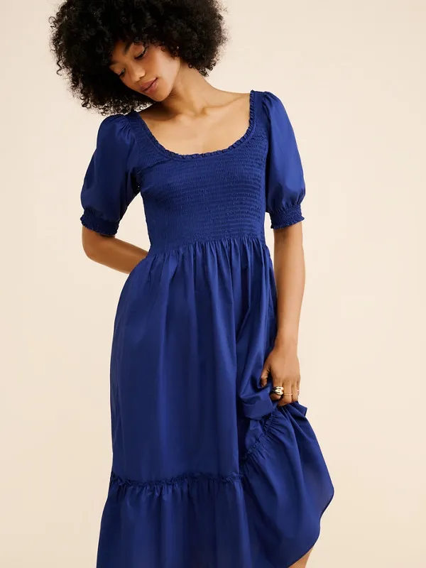 Hill House The Louisa Nap Dress Cobalt Blue Smocked Puff-Sleeve Midi Dress - M - Image 4