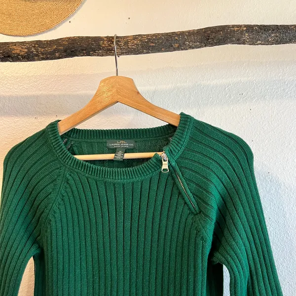 Ralph Lauren Green Ribbed 100% Cotton Zipper Detail Elbow Patch Top Size Medium - Image 2