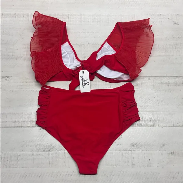 Women High Waisted Swimsuit Organza Ruffle Bikini Twist Front Bathing Suit - Image 4
