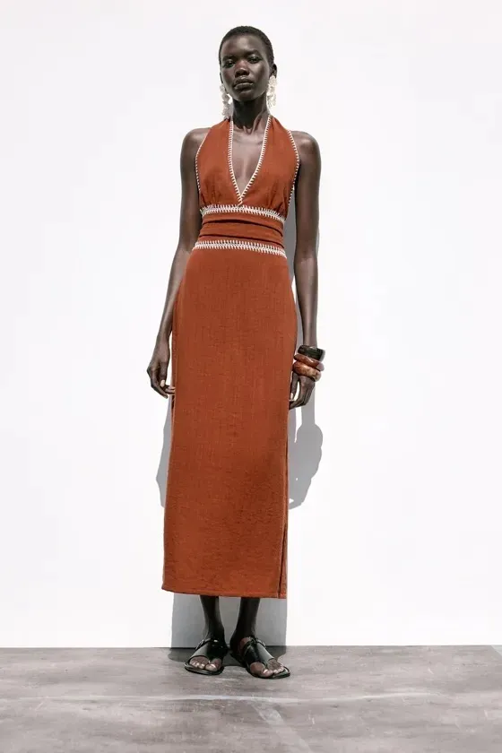 Zara Sleeveless V-Neck Brown Cotton Bohemian Maxi Dress - Image 10