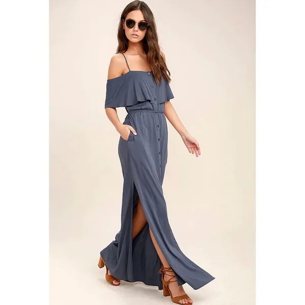Lulus Slate Blue Off the Shoulder Ruffle Button Down Maxi Dress Medium - Image 8