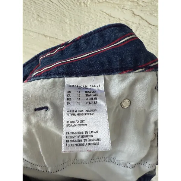 American Eagle Hi‎ Rise Mini Denim Skirt Red Blue Stripes Raw Hem Size 14 - Image 4