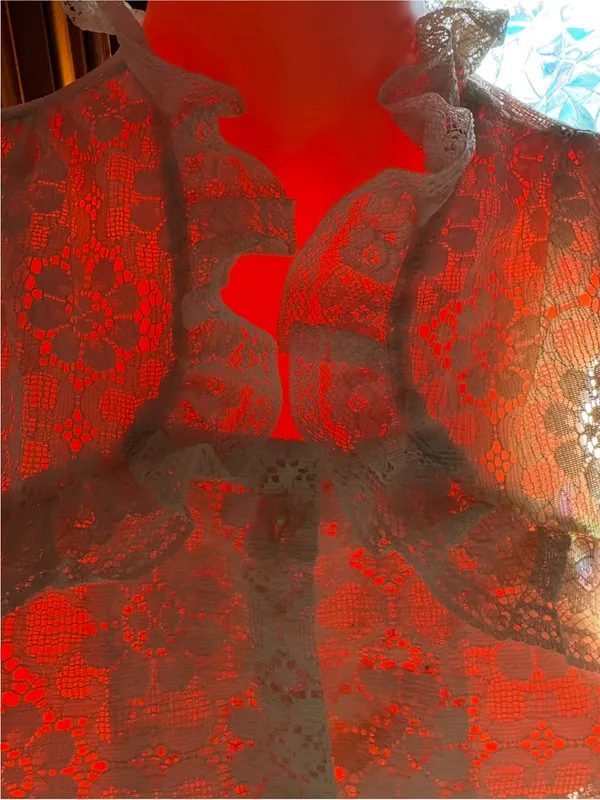 Vtg Y2K OG Eyelet S Lace Blouse Boho Cottagecore LS Ruffle Boutique Top - Image 6