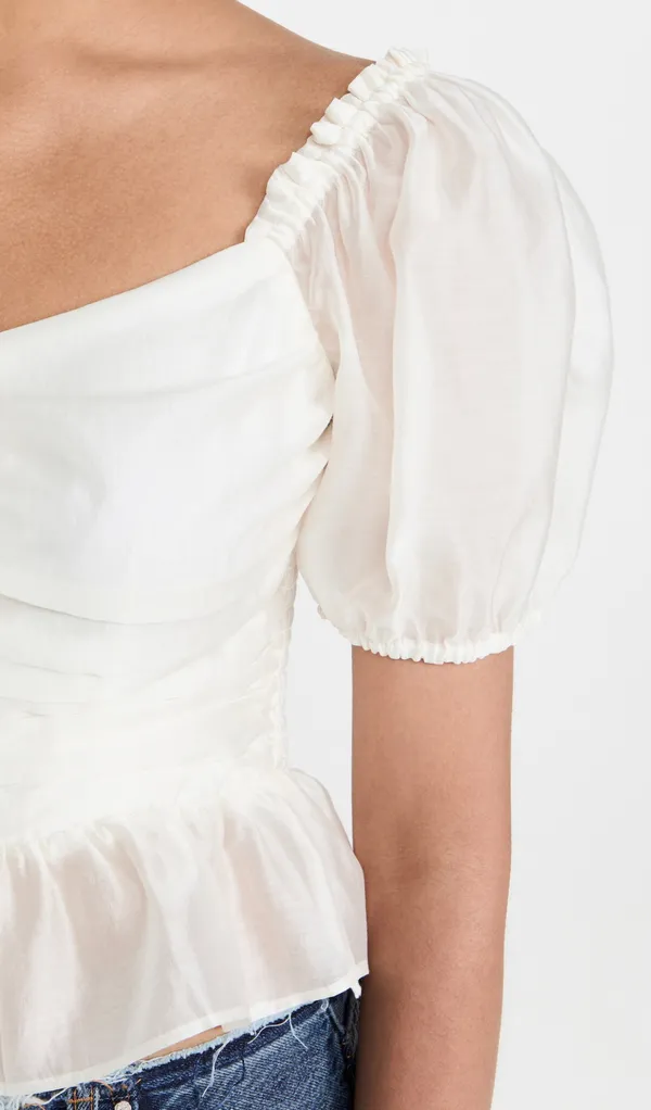WAYF Women’s Small Off White Ruched Ruffle Short Sleeve Top - Image 3
