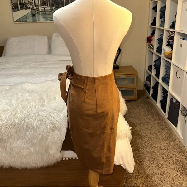 EXPRESS | Camel Faux Suede High Waisted Pencil Wrap Tie Side Grommet Ring Skirt - Image 4