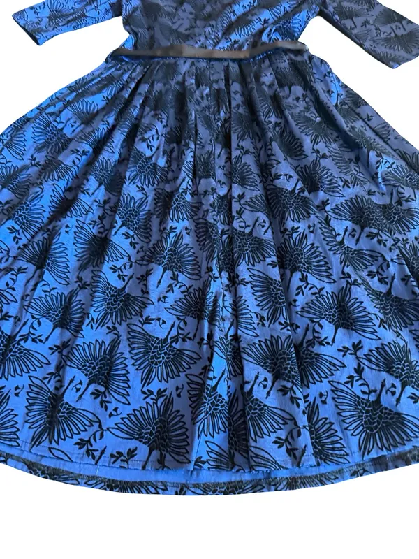Voodoo Vixen Blue Black Bird Print Belted Fit Flare Midi Dress Medium Women's - Image 12