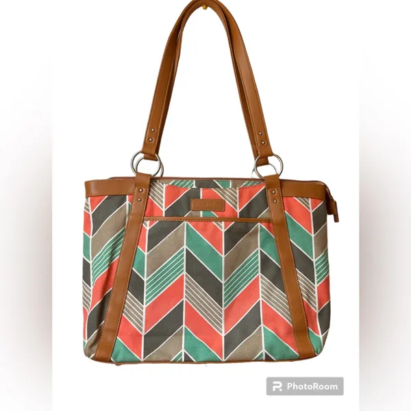 Kailo Chic Coral & Turquoise Chevron Fabric Laptop Organizer Bag Travel Tote - Image 4