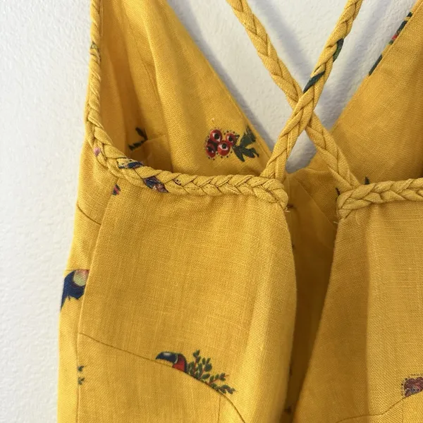 Farm Rio 100% Linen Jungle Tucanos Button Midi Yellow Embroidered Dress Sz XS - Image 10