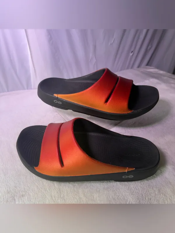 OOFOS Slide Sandal in Red-to-Orange Gradient with Black Sole - Image 2