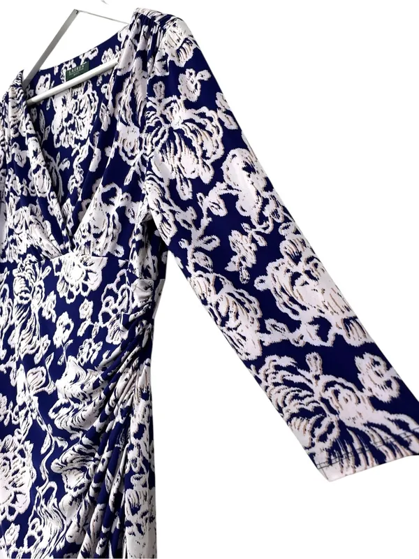 Lauren Ralph Lauren Blue White Floral Print Faux Wrap Dress Size 14 women’s - Image 4