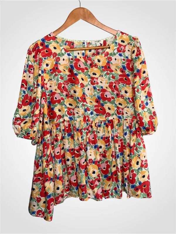 Umgee Floral Puff Sleeve Peplum Top in Red, Yellow, Green & Blue Large - Image 2