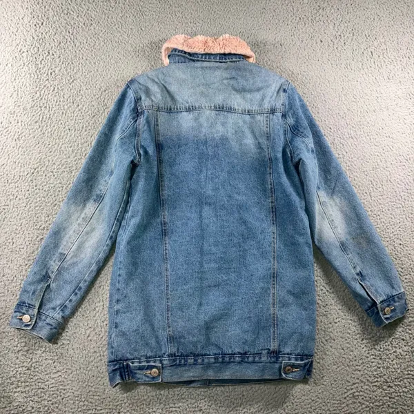 Y2K Longline Denim Jacket Women 4 Pink Faux Fur Collar Fleece Lined Boyfriend - Image 3