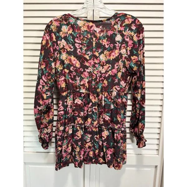 Maurices Burgundy/Green Floral Long‎ Sleeve Smocked V Neck Ruffle Blouse Size M - Image 6