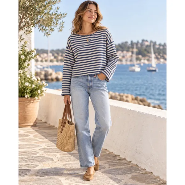 Aerie Women Blue Cream Striped Long Sleeve Boxy Boat Neck Top Size M - Image 2