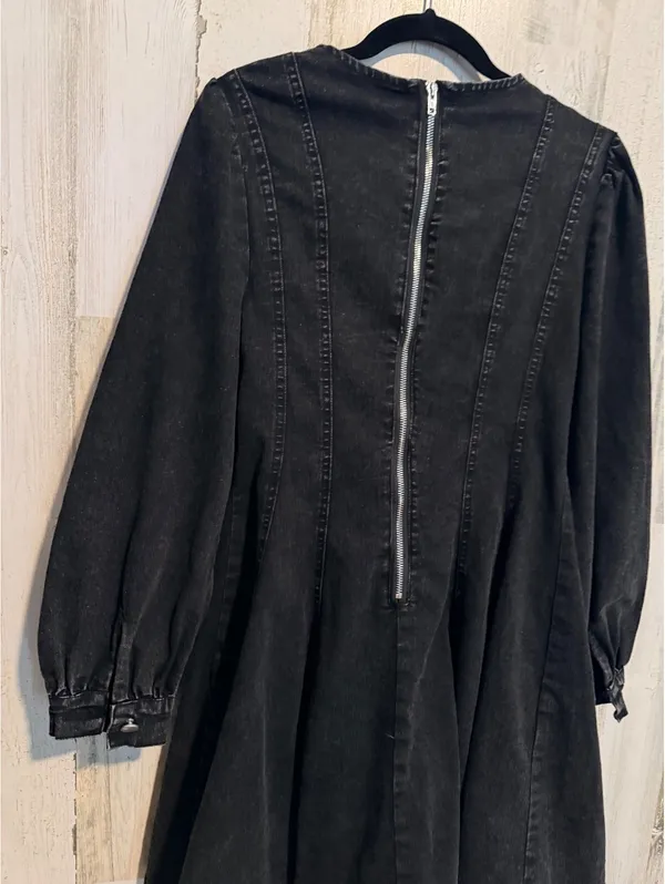 Black Acid Wash Denim Fit & Flare Mini Dress Puff Sleeve Size Small - Image 7
