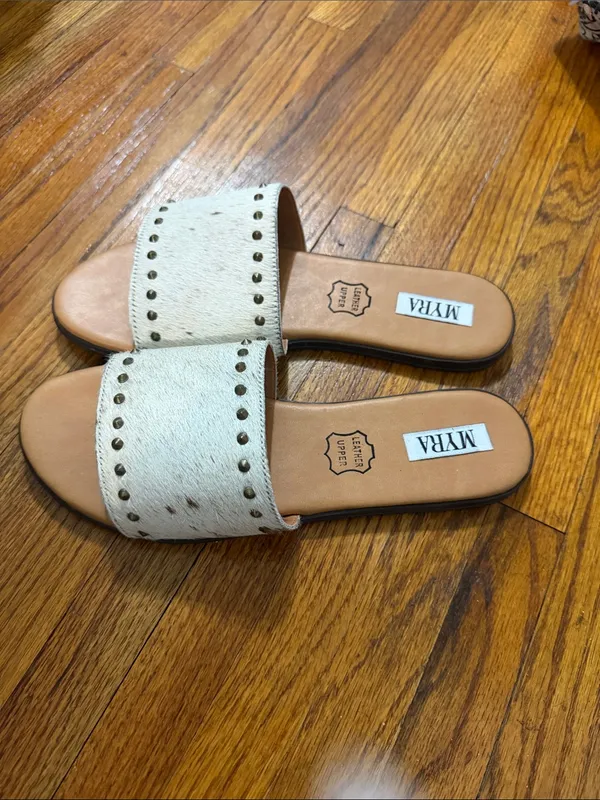 Myra Bag Cream Hair-On Leather Slide Sandals with Stud Accents - Image 2