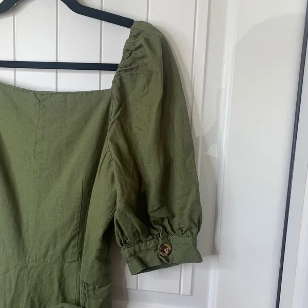 Gal Meets Glam‎ Anthropologie linen green puff sleeves jumpsuit size 6 vacation - Image 4