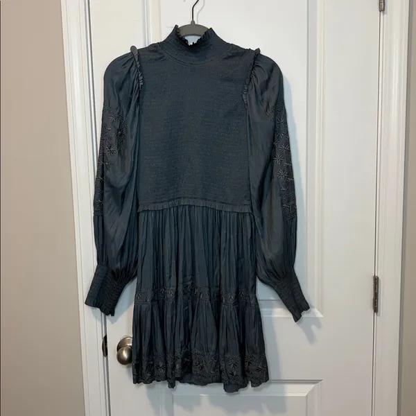 Ulla Johnson Blue Angelica Mock Neck Embroidered Smocked Mini Dress, Size 4 - Image 6