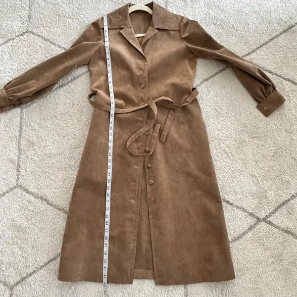 Vintage 70s Faux Suede Button Front Belted Jacket/Dress Sz S/M - Image 4