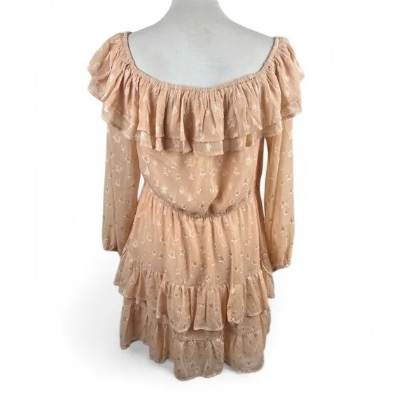 &merci Star Print Ruffle Off‎ Shoulder Tiered Mini Dress Peach Large - Image 3