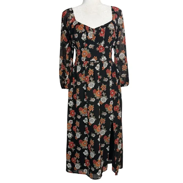 Hollister Dress Womens Medium Floral Long‎ Puff Sleeve Slit Midi Chiffon Retro - Image 3