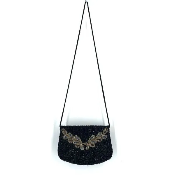 Vintage‎ Beaded Snap Flap Corded Strap Clutch Shoulder Bag Black Small Flapper - Image 13