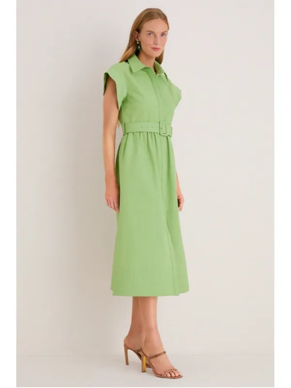 New Tuckernuck Pistachio Green Chloe Midi Dress S Belted Collared Moir Classic - Image 3