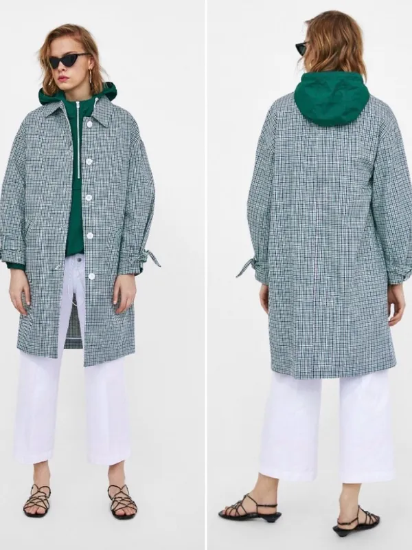 Zara Green Plaid Bow Cuff Coat Sz S Preppy Like New - Image 2