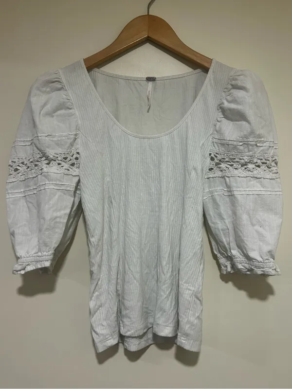 Free People Something Special Puff Sleeve Blouse with Lace Trim Size Small - Image 2