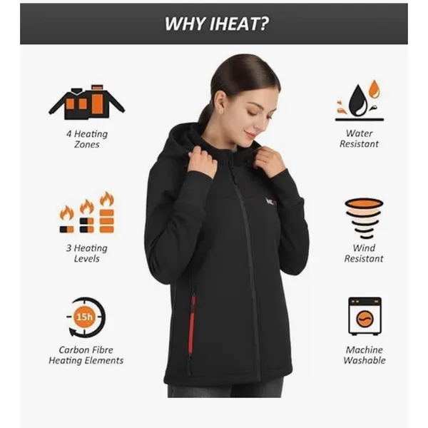 iHeat Rechargeable Battery Heated Black Hooded WinterCoat Woman Small - Image 12
