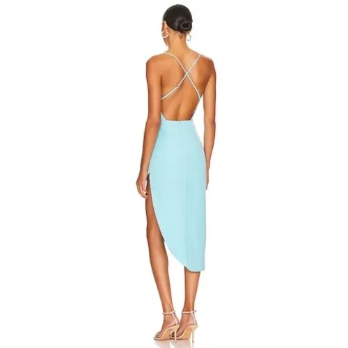Bardot Anya Aqua Blue Midi‎ Dress Asymmetrical Open Back Slit Size 4 Cocktail - Image 2