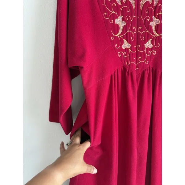 Vtg Vanity Fair Velour Maxi Robe Gown Red Gold Embroidered Zip Housecoat Large - Image 6