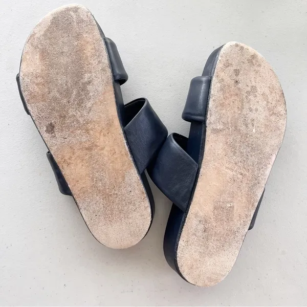 Beautiisoles Navy Blue Double-Strap Leather Minimalist Summer Slide Sandals - Image 7