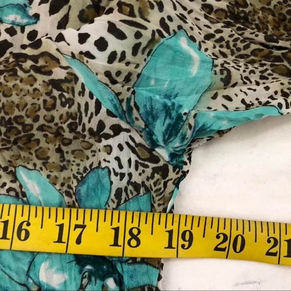 Rare Y2K Belissimo Leopard patchwork fitted shirt top blouse turquoise floral button ruffles boho hippie indie office siren core long sleeve-M - Image 7