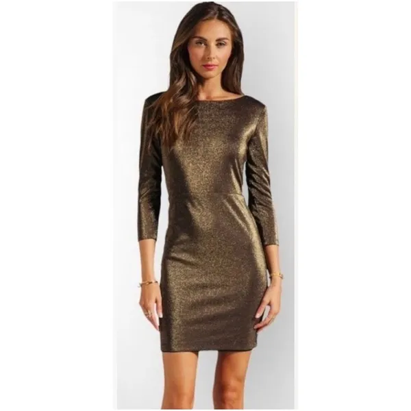 Alice + Olivia Gold Metallic Lurex 3/4 Sleeve Mini Dress‎ Womens Size 2 Party - Image 2
