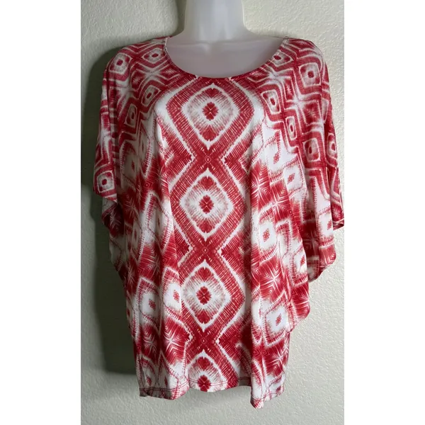 Chicos 3 US XL Top Red White Ikat Diamond Print Dolman Sleeve Scoop Neck Artsy - Image 3