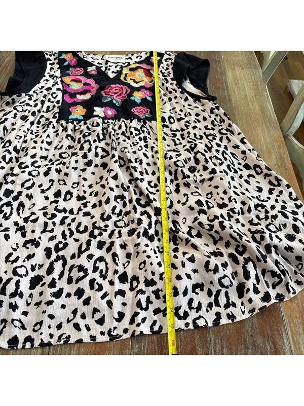 Savanna Jane Mini Dress 2X Beige Black Leopard Floral Multicolor Embroidery Boho - Image 12
