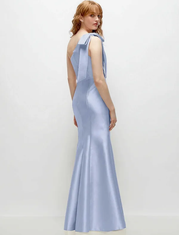 Alfred Sung Bow One-Shoulder Satin Trumpet Gown Sky Blue size 4 - Image 2