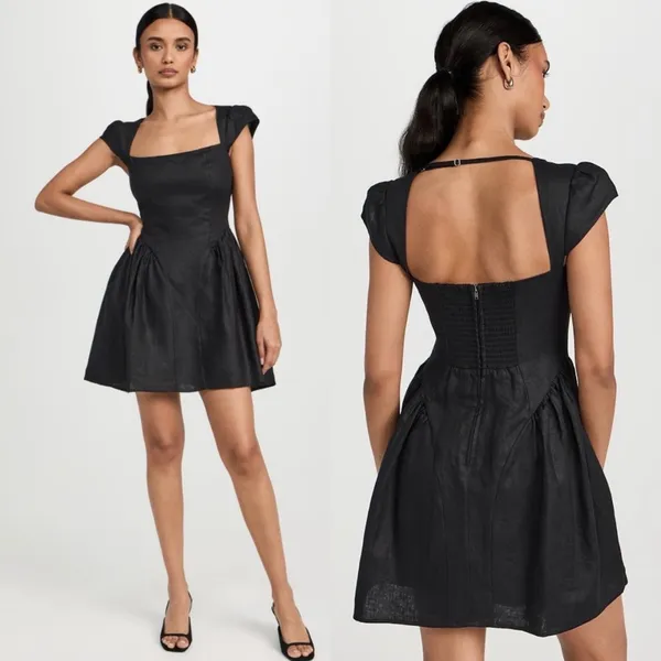 Reformation Oaklyn Linen Mini Dress Black Size 0 - Image 3