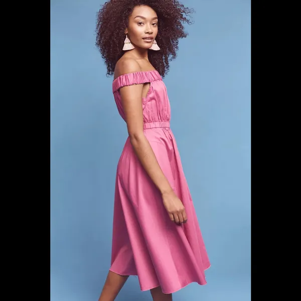Anthropologie Maeve Pink Purple Fuchsia Mona Off Shoulder Midi Dress - Image 2