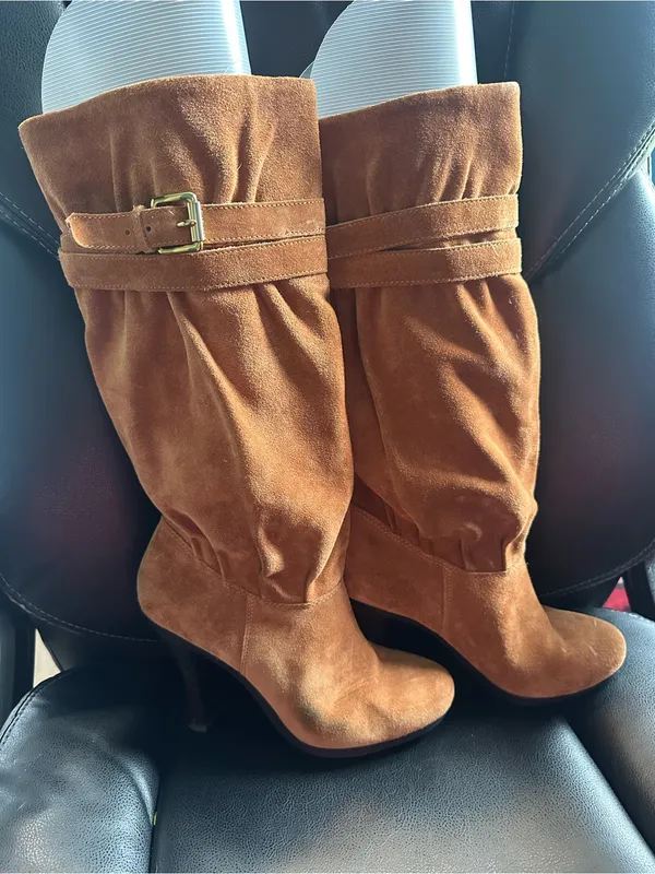 Michael Kors Cognac Suede Slouch buckle pull on knee high Boot heels - Image 3