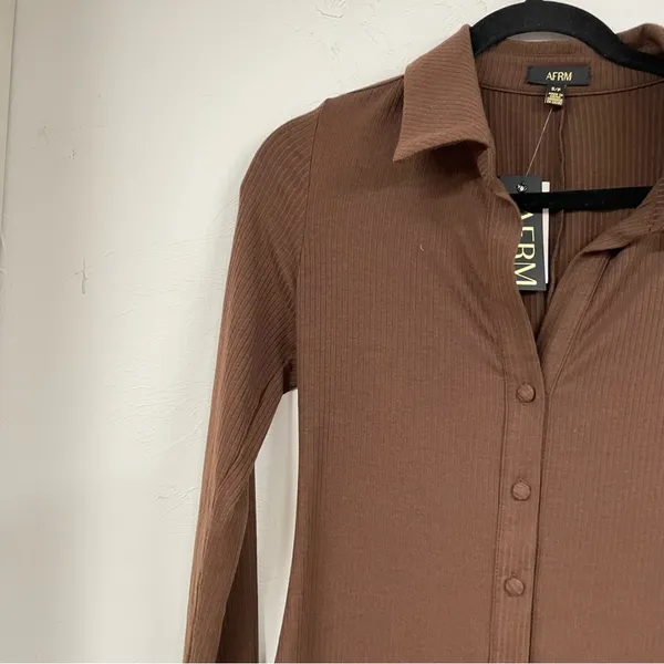 AFRM Brown Ribbed Long Sleeve Button Down Shirt Dress Mini Womens S Preppy Fall - Image 3