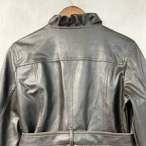 Wet Seal Womens Faux Leather Jacket XL Brown Ruffle Belted Y2K 2000s McBling - Image 7