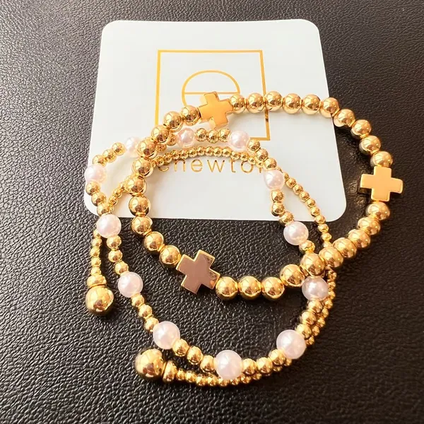 Enewton Women’s Classic Golden Cross & Pearl Bracelets 3 Pcs - Image 3