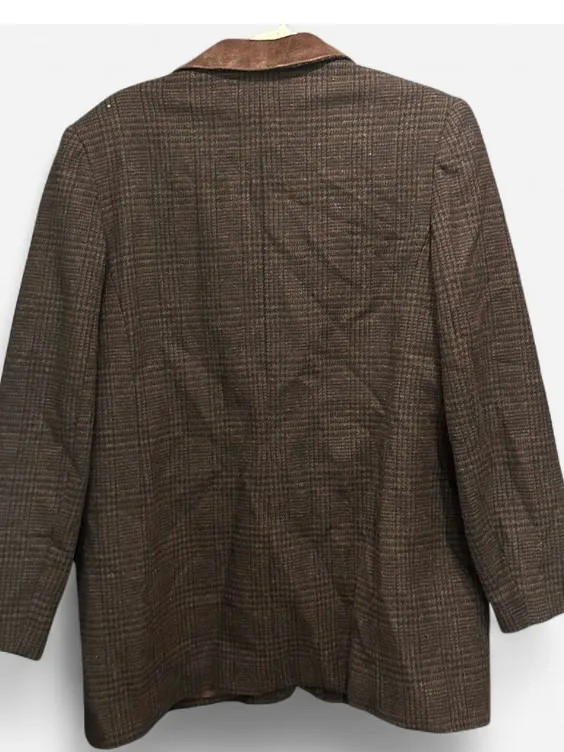 Vintage Express Wool Plaid Blazer Leather Collar Equestrian 90s L - Image 6
