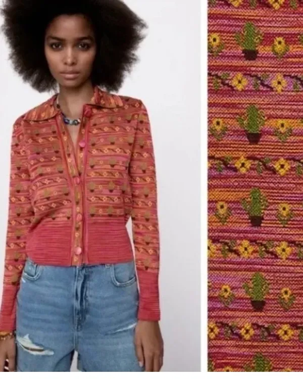 Zara Cactus Flower Polo Cardigan Sweater Pink Yellow Green Button Front S Desert - Image 2