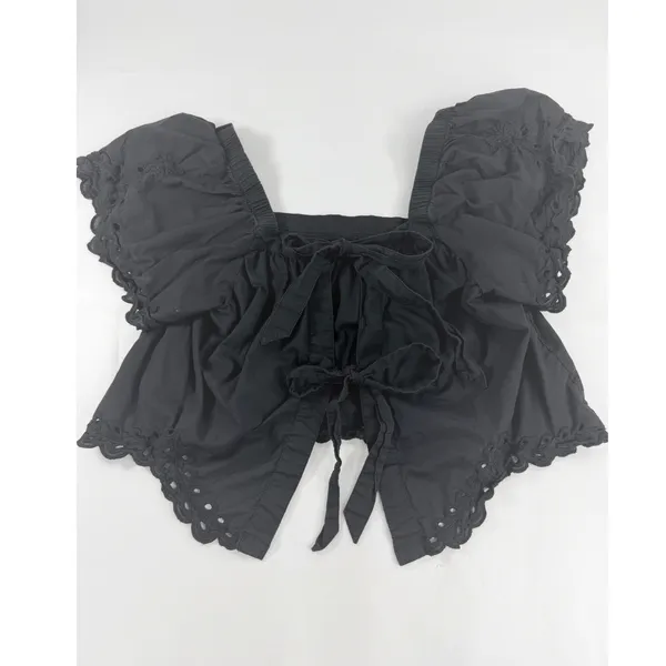 American Eagle Black Eyelet Embroidered Tie Back Crop Top Small Square Neck Puff - Image 4