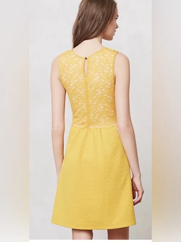 Anthropologie Maeve mustard Yellow Lace Bodice A-Line Dress with Textured Skirt - Image 2