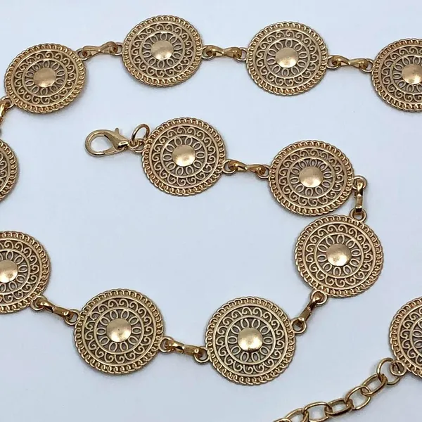 Gold Y2K Textured Round Medallion Boho Chain Belt, Fits 25-44.5 Inches, X7GA1247 - Image 7